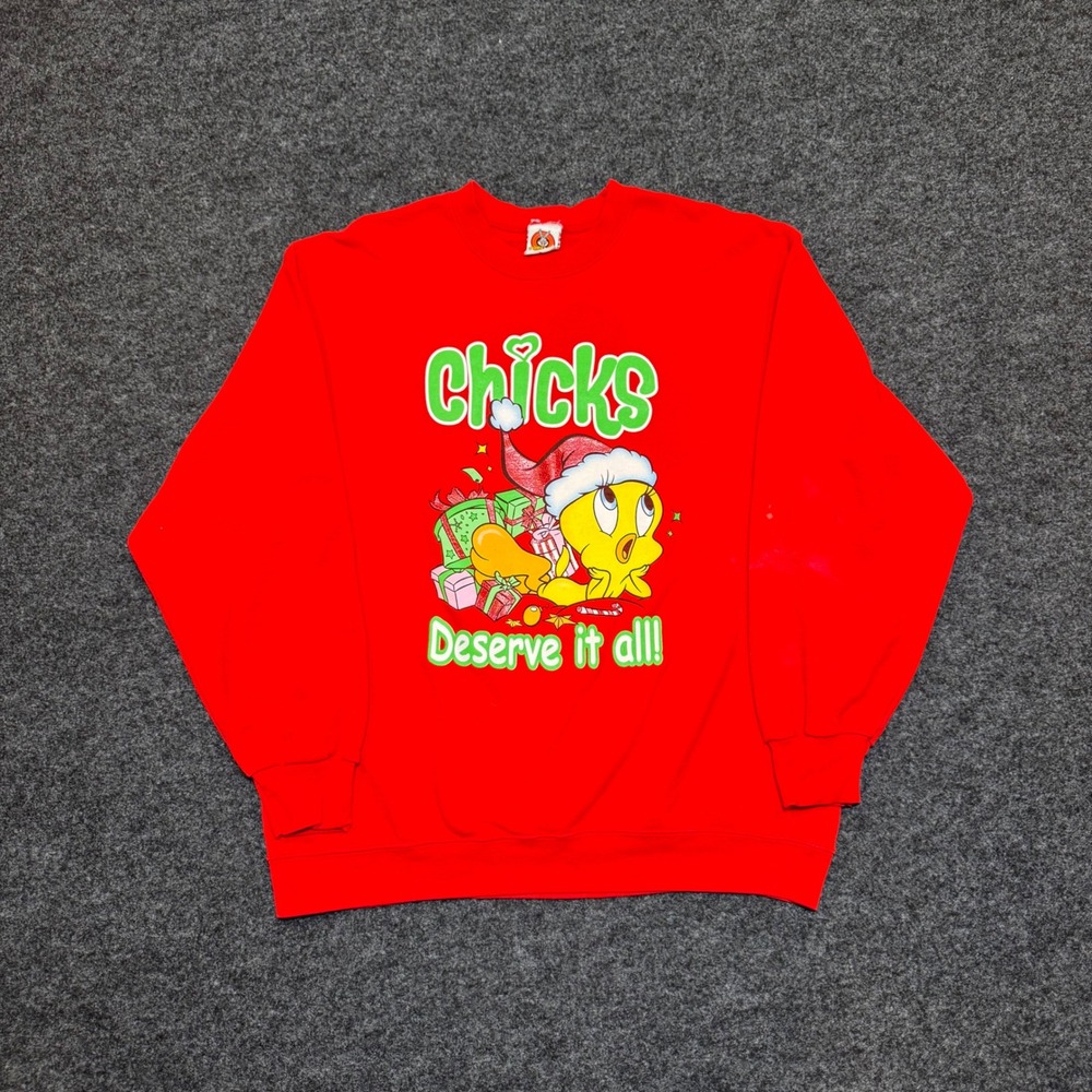 Vintage Looney Tunes Tweety Bird Christmas Sweatshirt Red Large Chicks Deserve